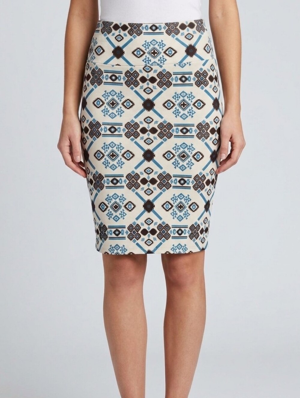 LuLaRoe Cream Pencil Skirt with Blue and Brown Geometric Print